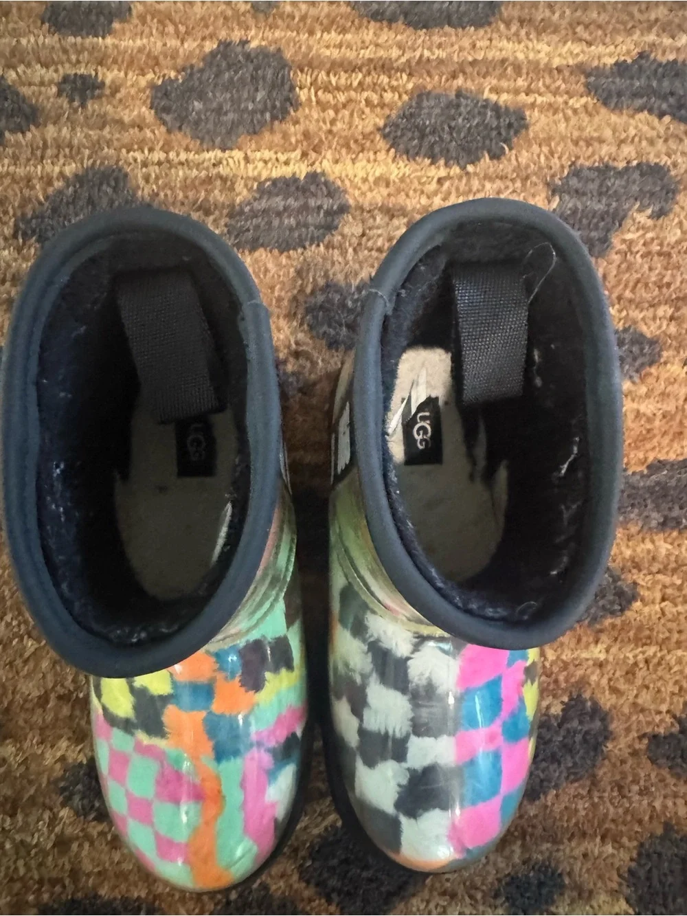 UGG Kids Multicolor Checkerboard Faux-Fur Boots - Pink Orange Green Yellow Black